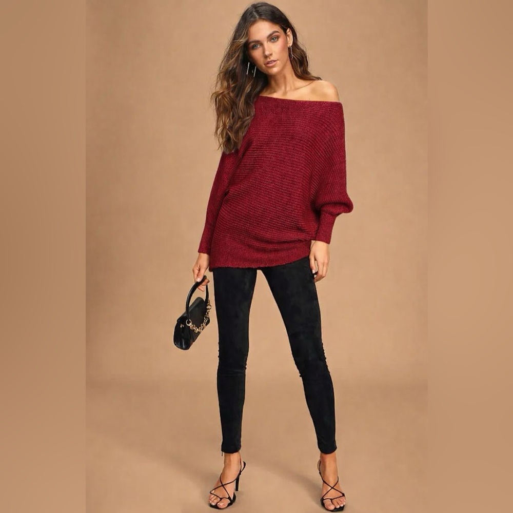 Lulu's Donworth Maroon Burgundy Asymmetrical Dolman Sleeve Knit Sweater Size M/L